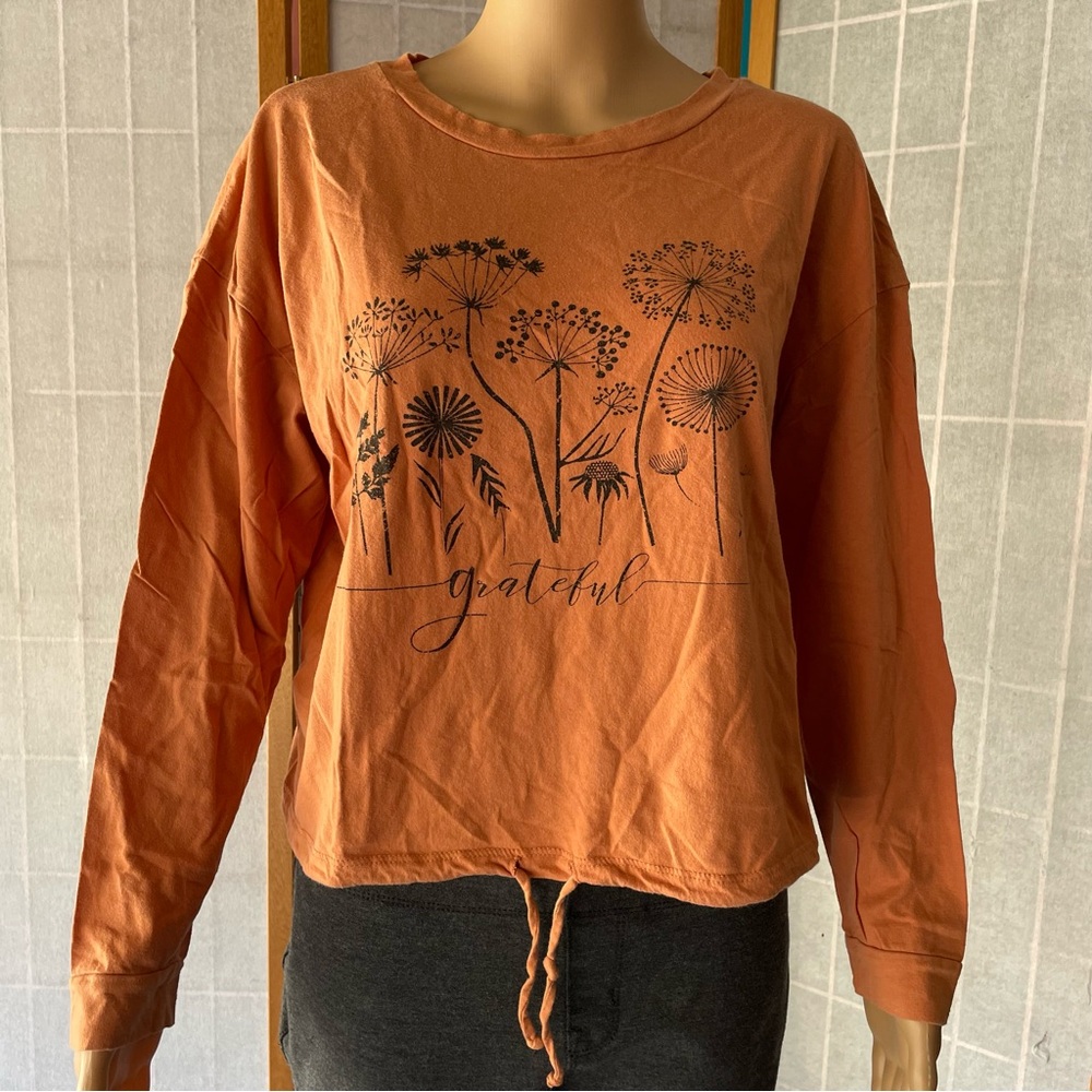 French Pastry Burnt Orange Long Sleeve “Grateful” Floral Shirt Size Large